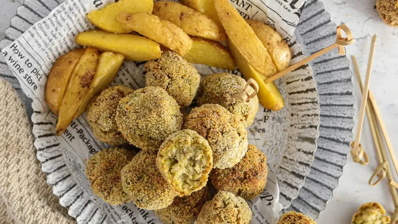 Polpette di verza e ricotta dorate e croccanti, servite con patate al forno. Un piatto gustoso e leggero.