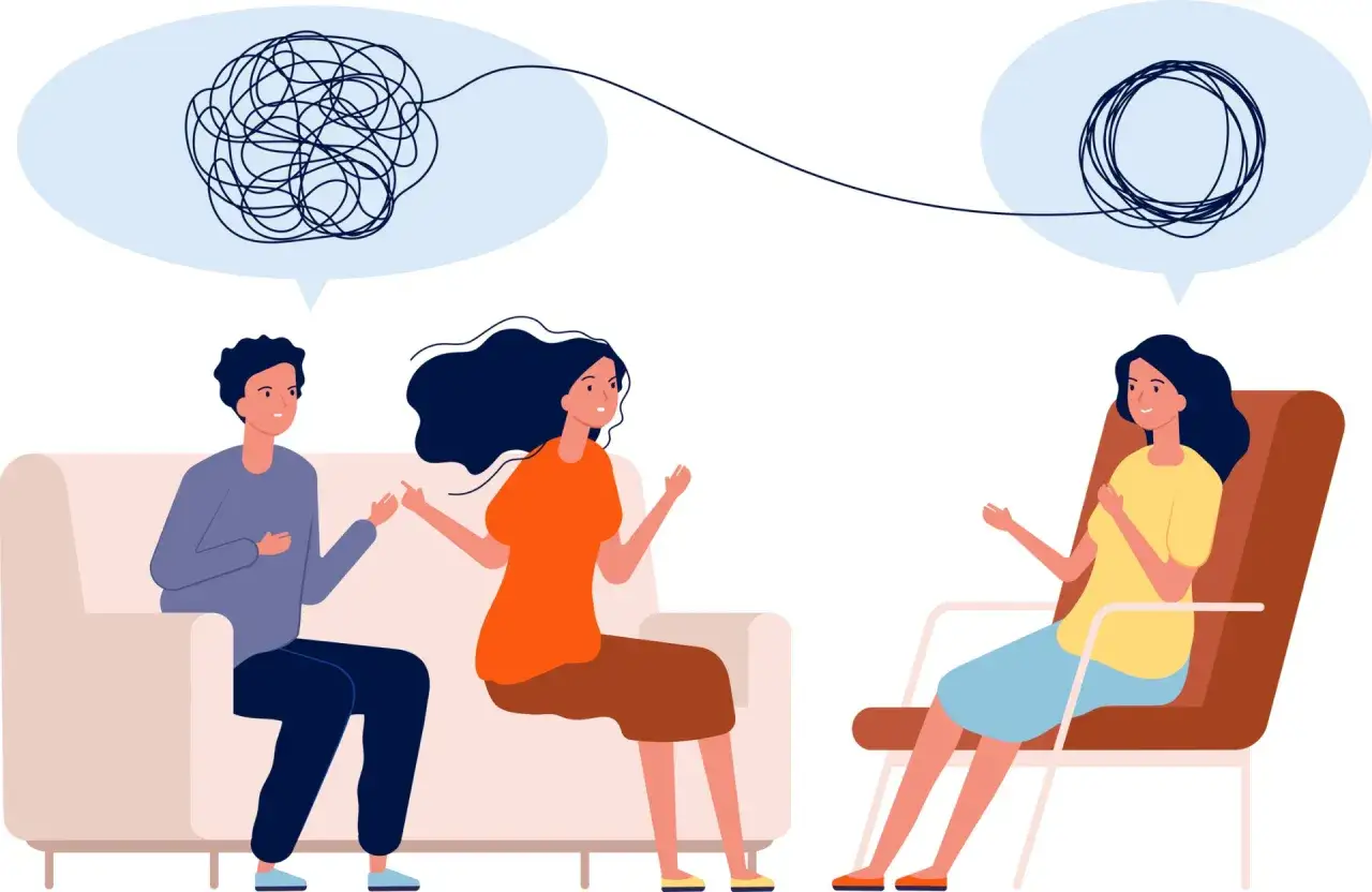 Un couple en thérapie, leurs pensées emmêlées symbolisant leur relation complexe. Le thérapeute écoute attentivement.