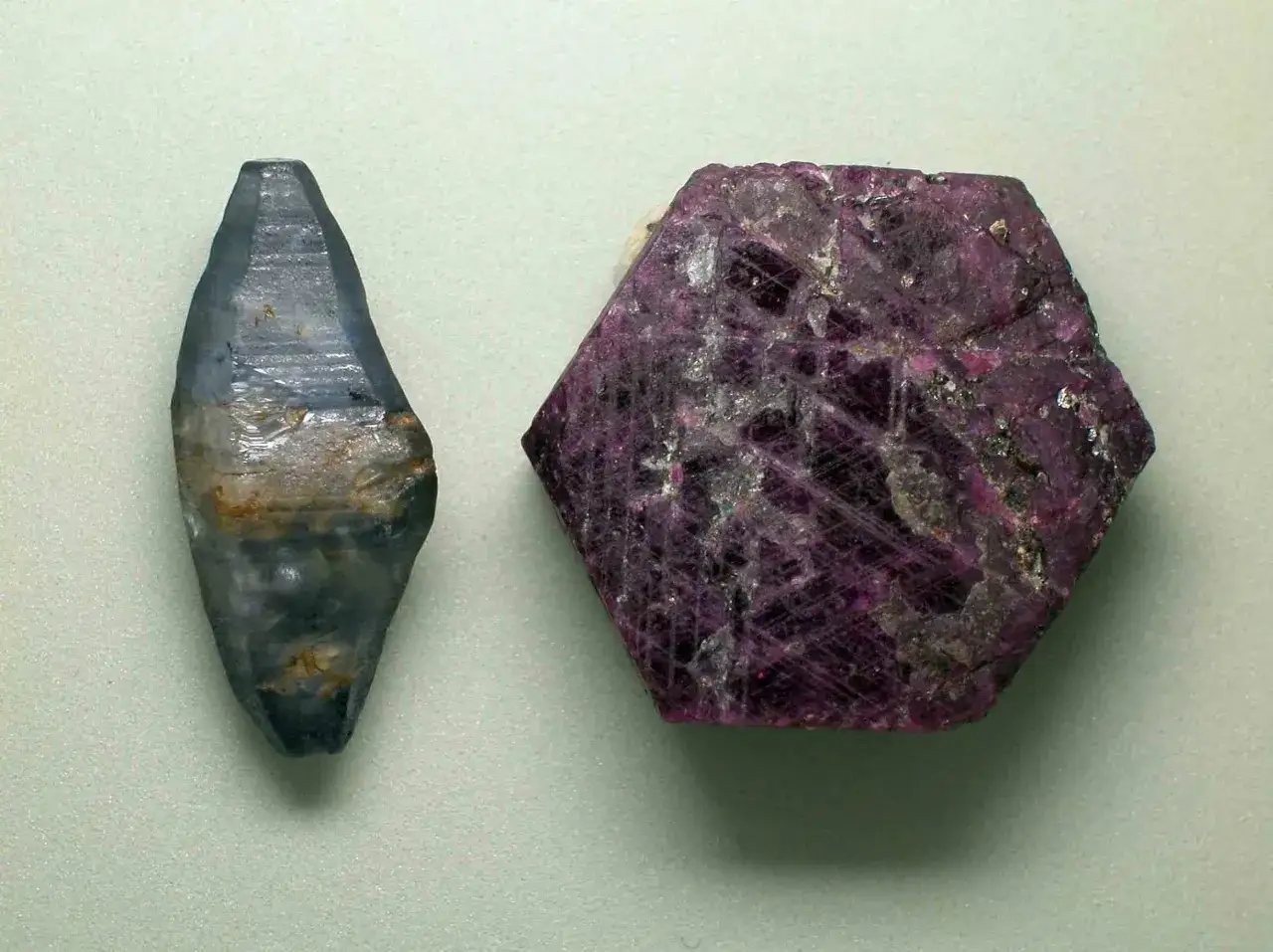 Zwei rohe Korund-Edelsteine: ein blauer Saphir und ein violetter Rubin, beide mit sichtbaren Kristallflächen und Einschlüssen.