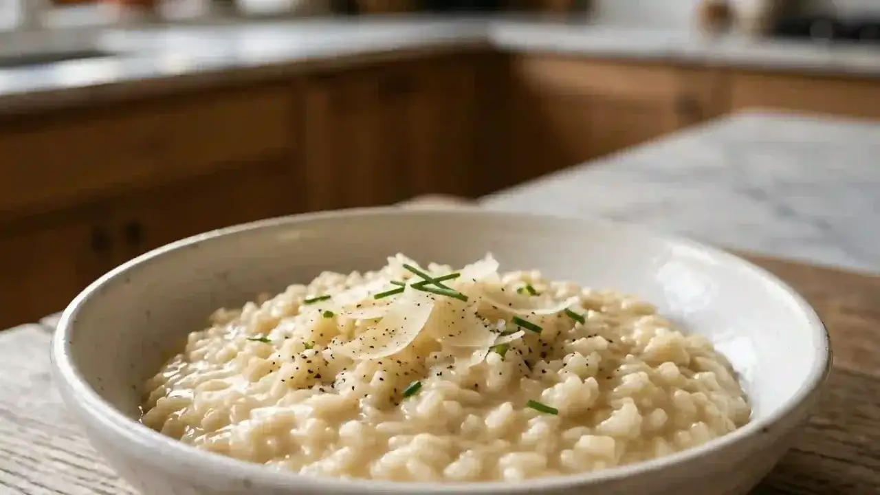 Un crémeux risotto aux copeaux de parmesan et ciboulette, parfait pour une recette facile et savoureuse.