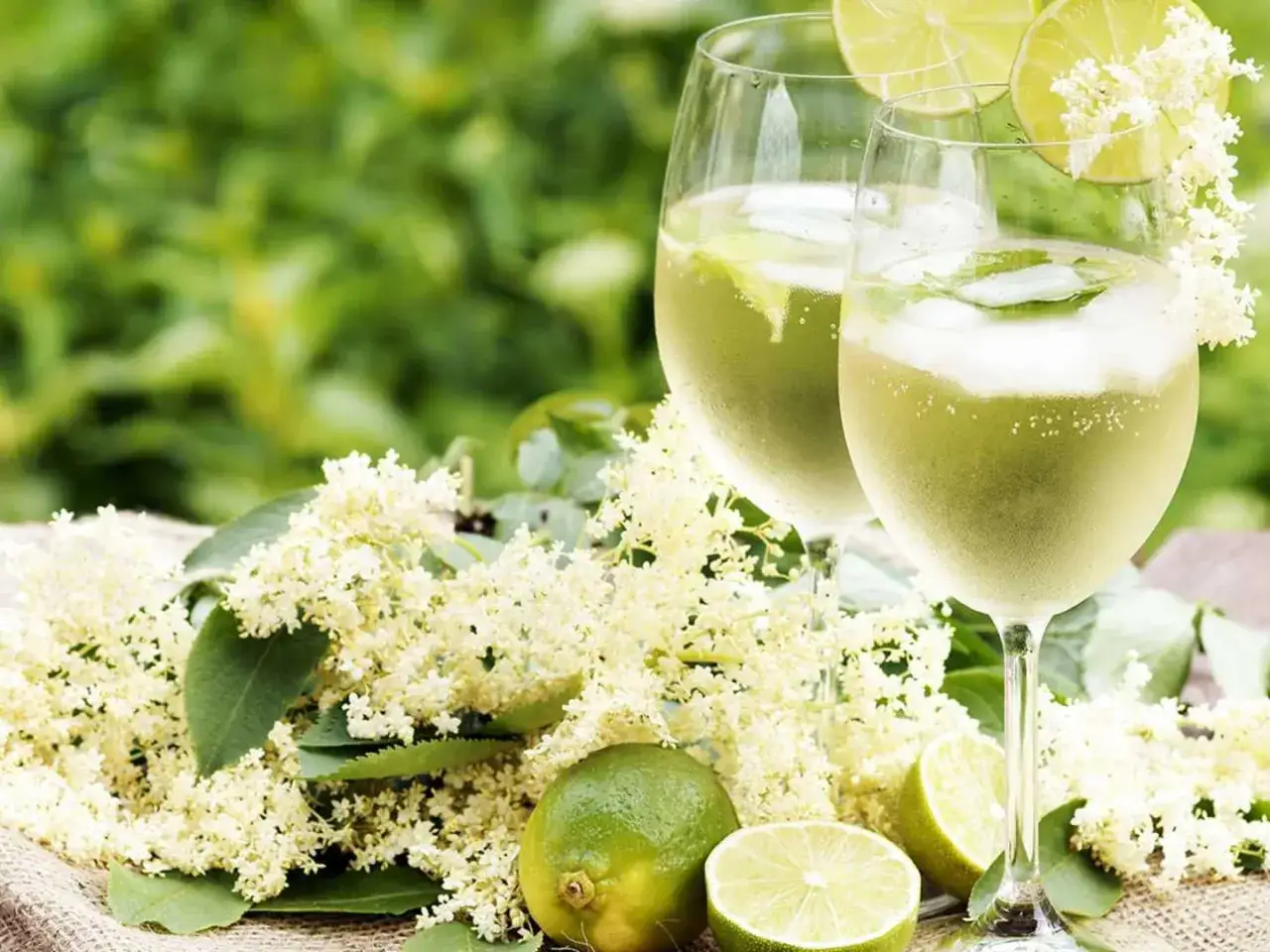 Två glas Hugo Spritz med lime och mynta, omgivna av fläderblommor och limefrukter.