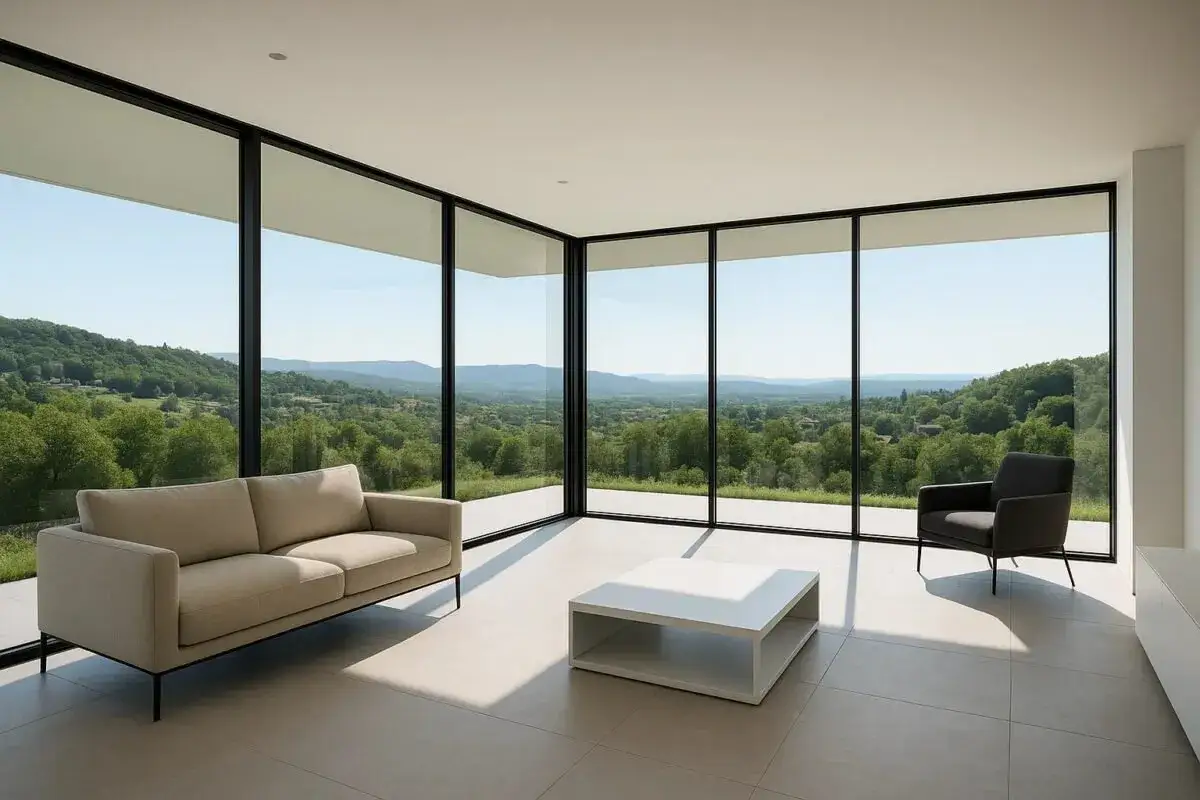 Sof&aacute; y sill&oacute;n frente a una **ventana panor&aacute;mica** con vistas a un paisaje verde y monta&ntilde;oso.