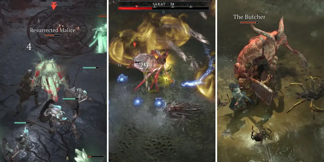En Diablo 4, guerreros luchan contra el carnicero y otras criaturas infernales.