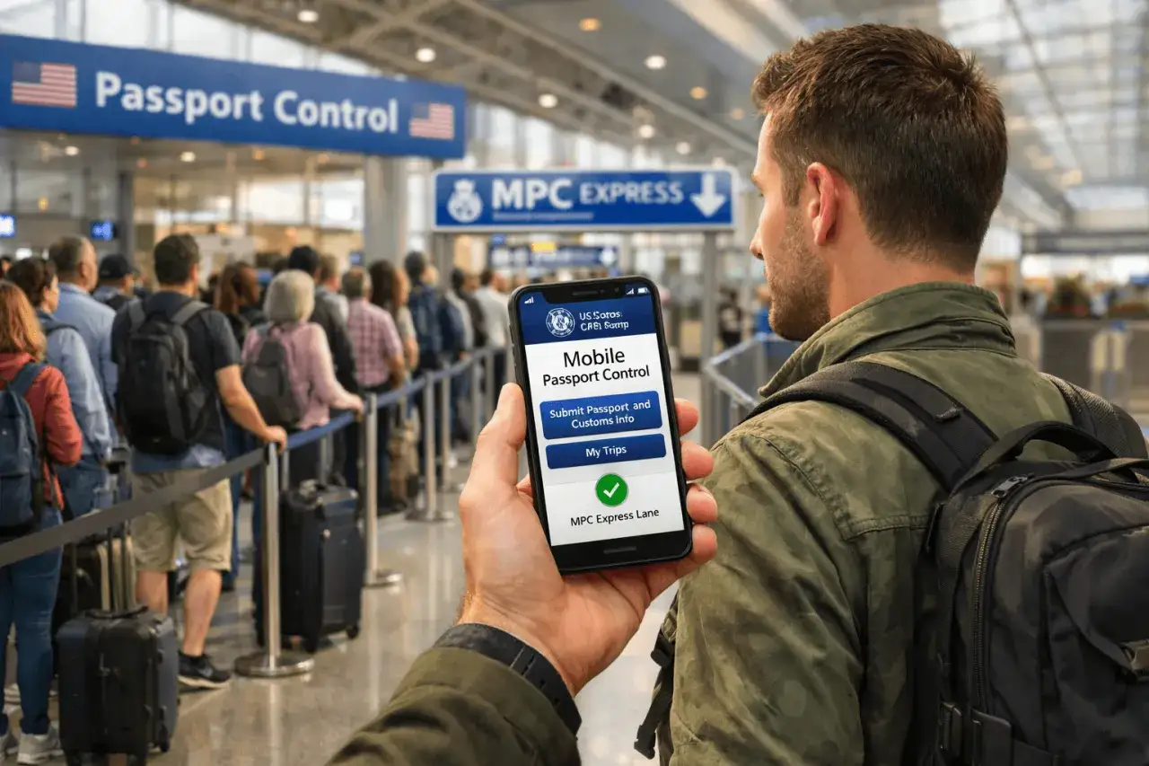 Kolejka do kontroli paszportowej w USA. Mężczyzna trzyma telefon z aplikacją 