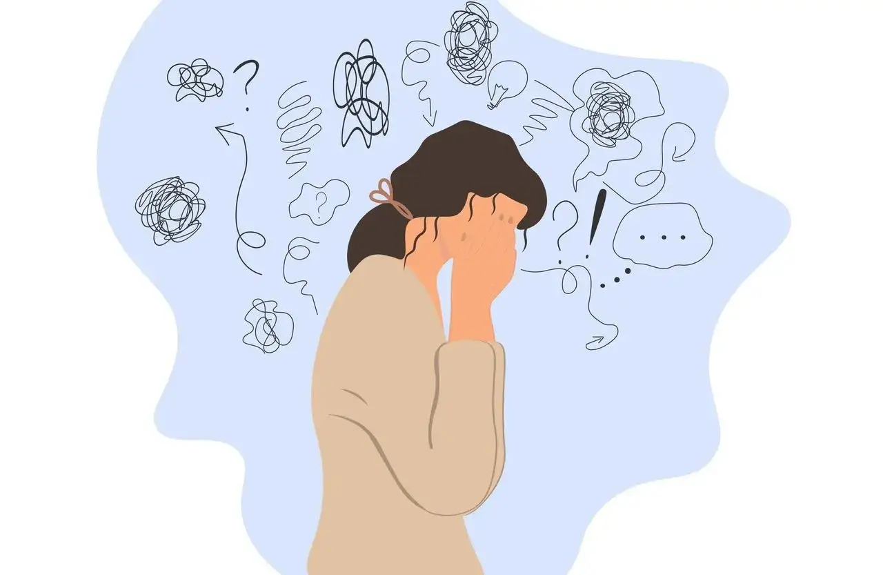 Une femme se couvre le visage, submergée par un **cerveau en ébullition** d'idées confuses, de points d'interrogation et de spirales chaotiques.