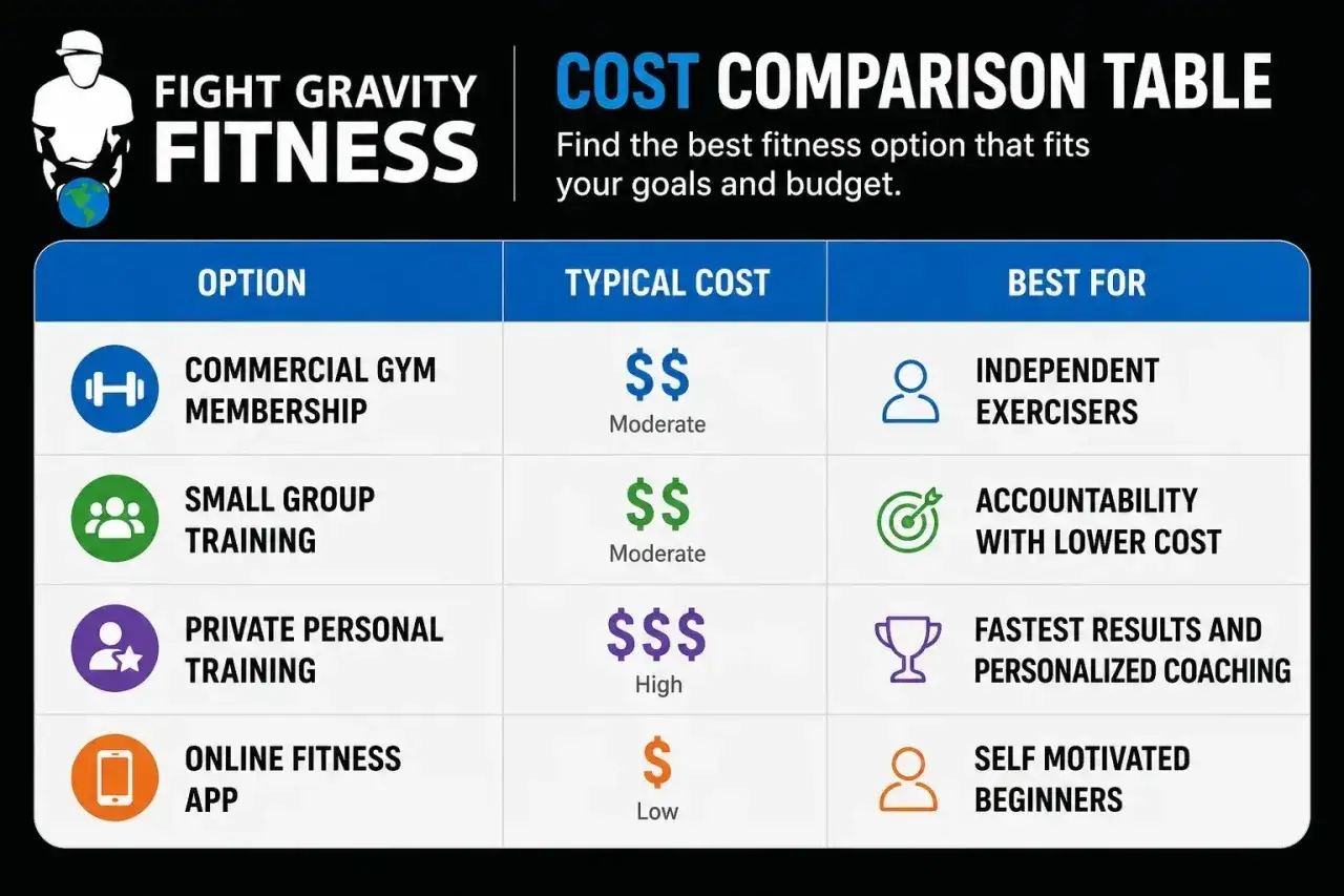 Tableau comparatif des options de fitness : abonnement salle (mod&eacute;r&eacute;), entra&icirc;nement en petit groupe (mod&eacute;r&eacute;), entra&icirc;nement personnalis&eacute; (cher), application (bas). Le prix d'un coach sportif par mois varie.