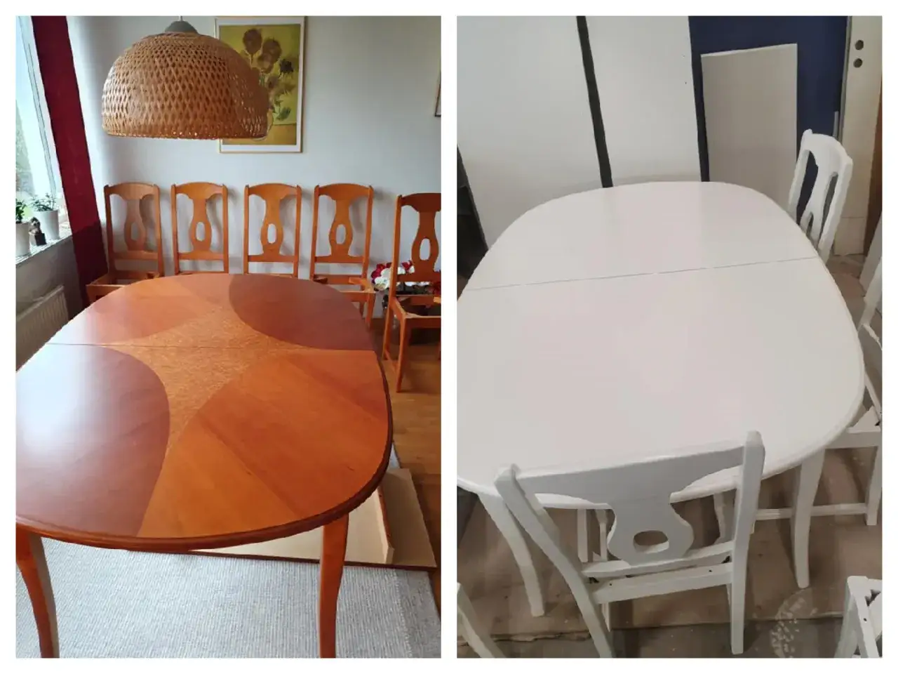 F&ouml;re och efter: ett teakbord som slipats och m&aring;lats vitt. Nu ser det ut som nytt!
