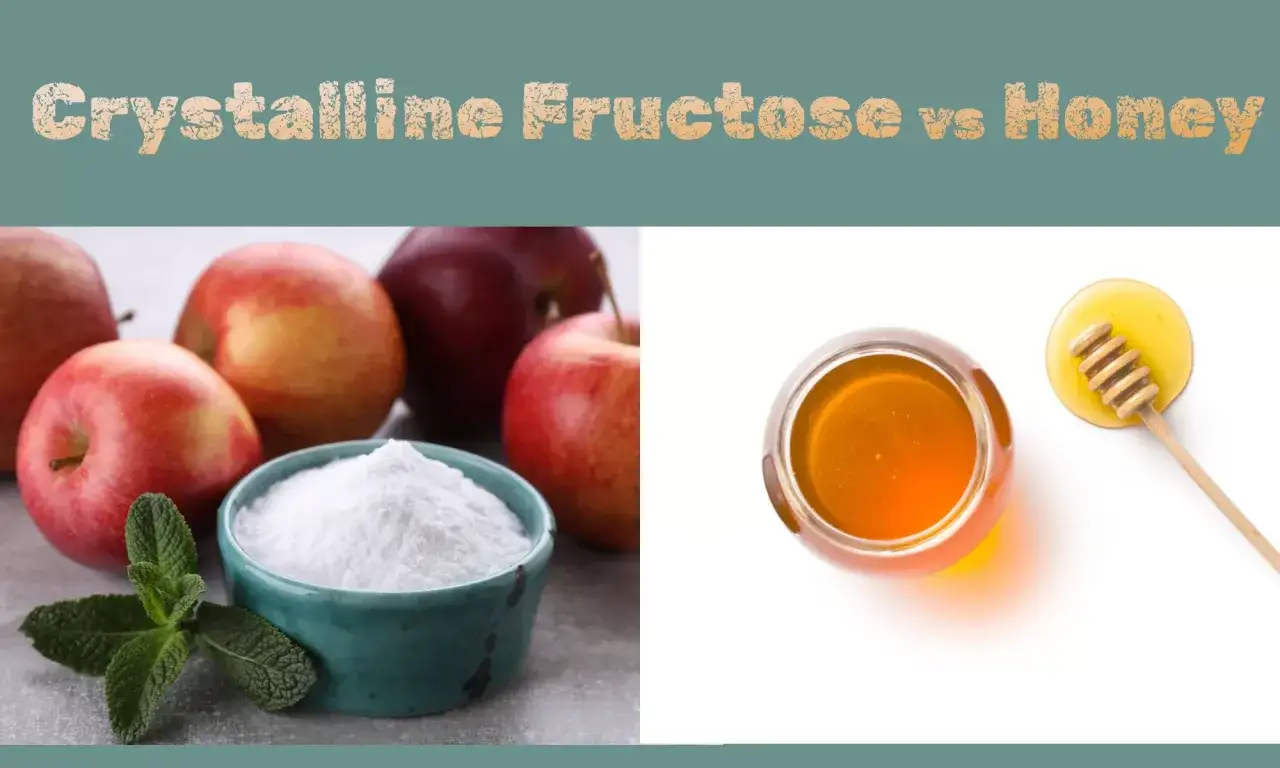 Äpfel und eine Schüssel mit kristalliner Fructose links, Honig in einem Glas und auf einem Honiglöffel rechts.