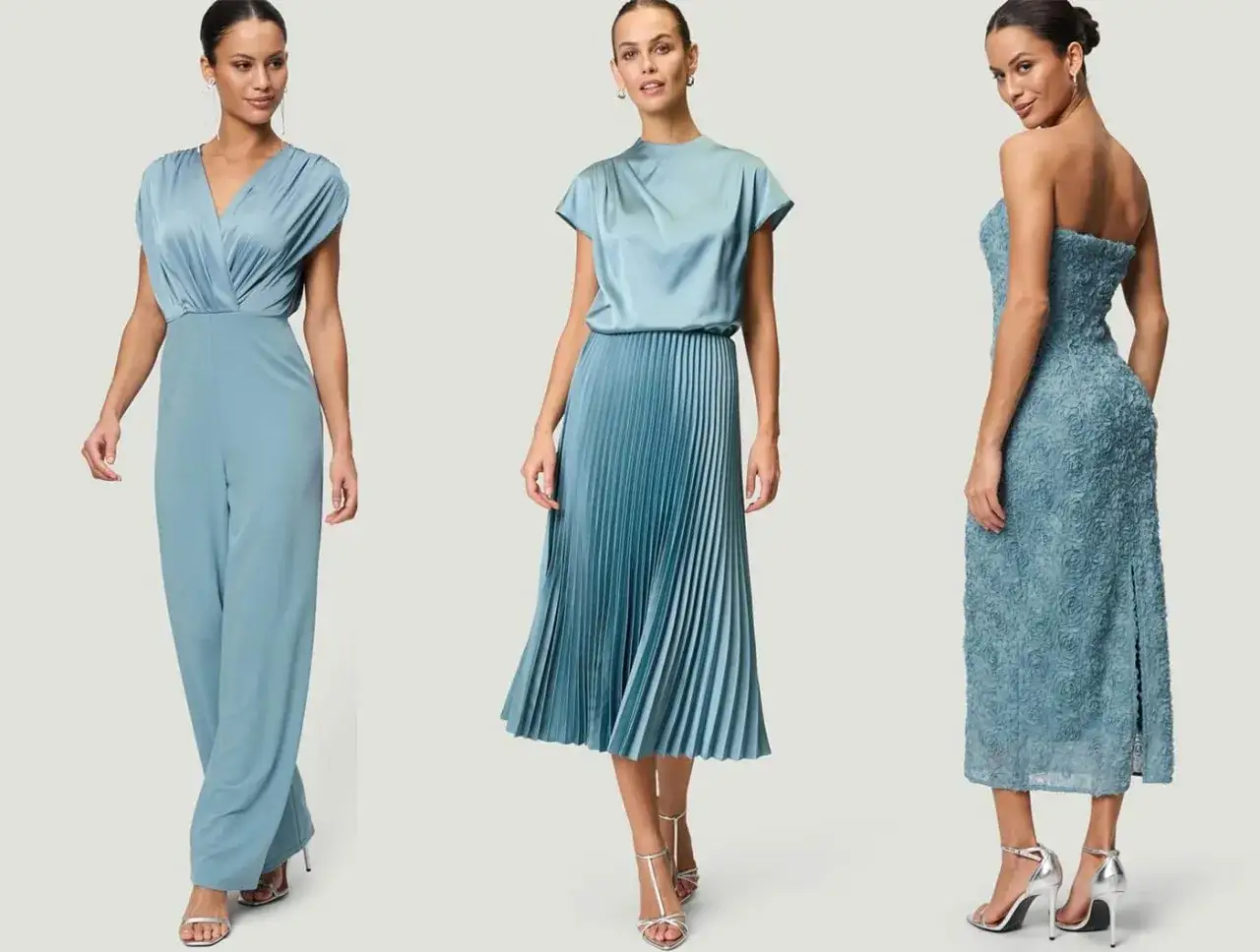 Elegante Kleider in Blau für die Hochzeit: Ein Jumpsuit, ein Plisseekleid und ein bodenlanges Kleid. Perfekt für die Brautmutter.