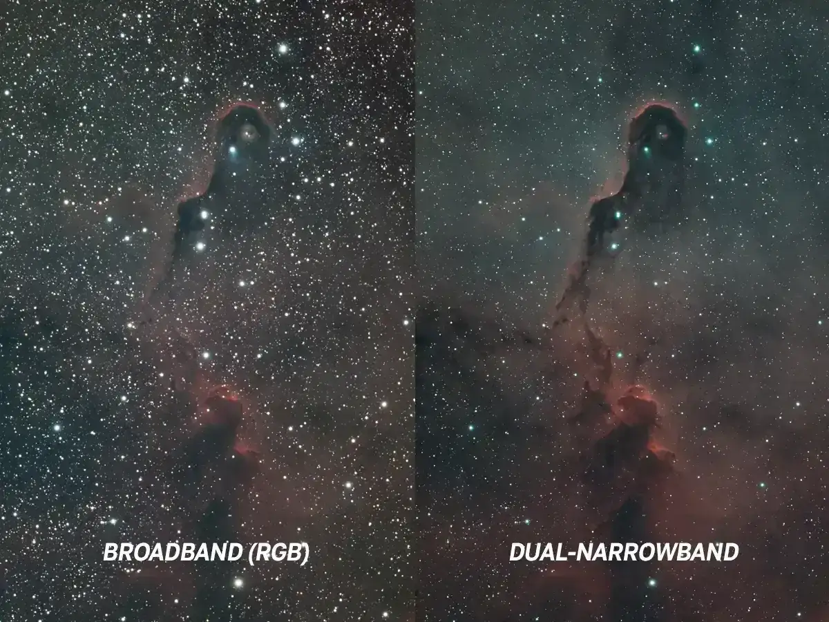Por&oacute;wnanie zdjęć mgławicy Słonia: Broadband (RGB) i Dual-Narrowband. R&oacute;żnice widać dzięki zastosowaniu filtr&oacute;w barwnych.
