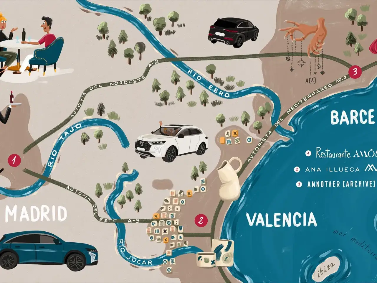 Mapa ilustrado de Espa&ntilde;a, mostrando la ruta en coche de Madrid a Barcelona, con r&iacute;os, carreteras y ciudades.