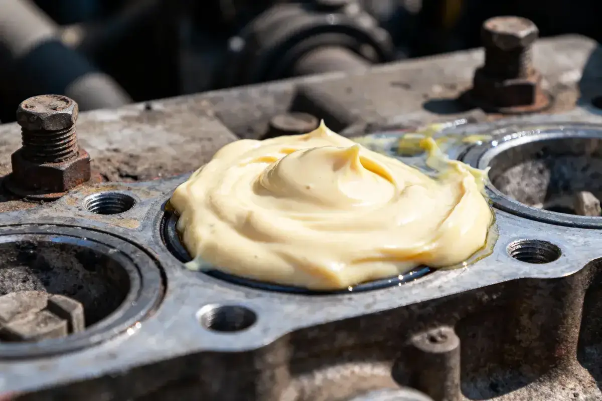 Pâte jaune appliquée sur un bloc moteur, prête pour le joint de culasse. Le prix du joint de culasse dépend de la qualité.