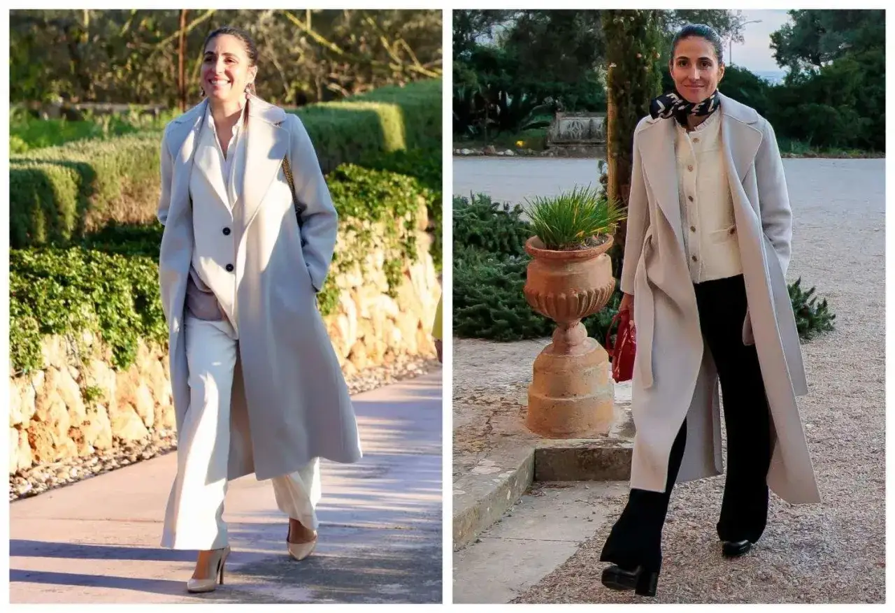 Mery Perelló luce elegante con abrigos largos y pantalones, disfrutando de un paseo al aire libre.
