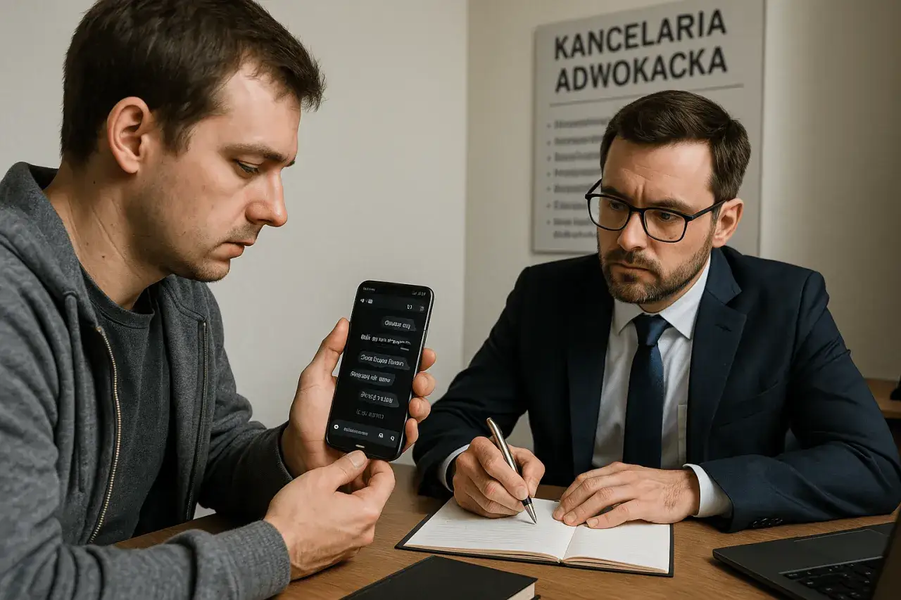 Mężczyzna pokazuje prawnikowi telefon z wiadomościami, pytając, czy groźby są karalne. Prawnik notuje.