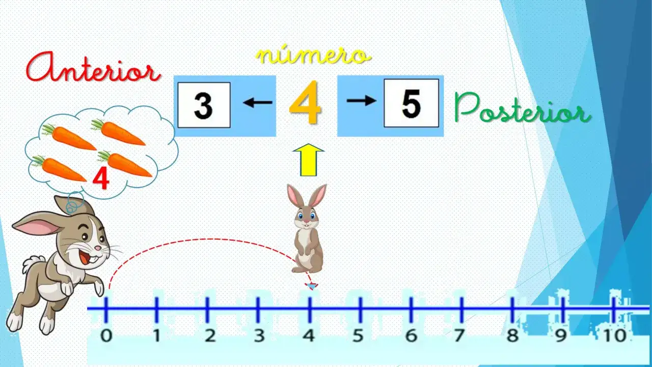 Un conejo salta en la recta numérica. El número 4 tiene el número anterior 3 y el posterior 5.