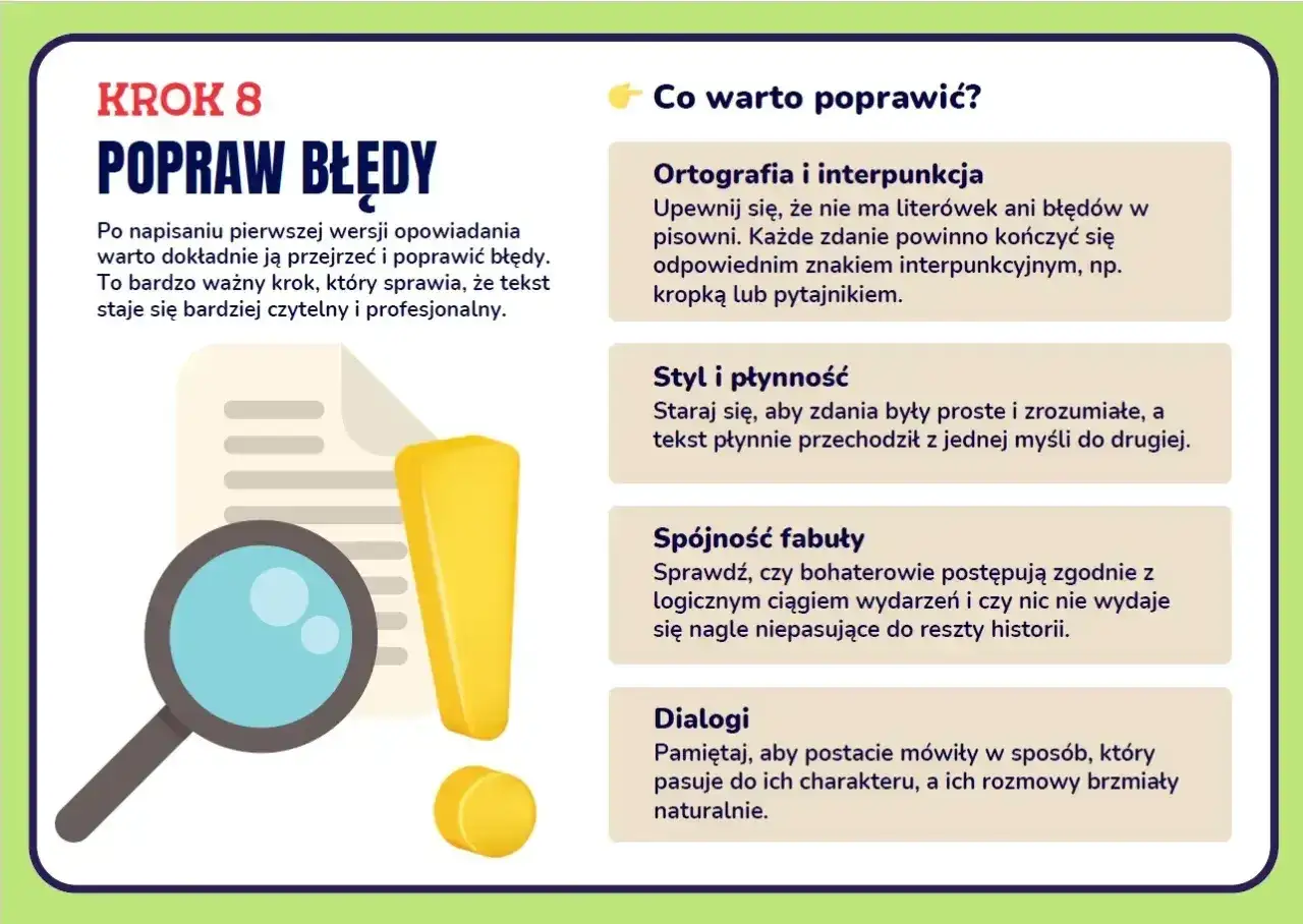 Lupa i wykrzyknik przy tekście o poprawianiu błędów w opowiadaniach. Kluczowe wskazówki, by Twoje historie były lepsze.