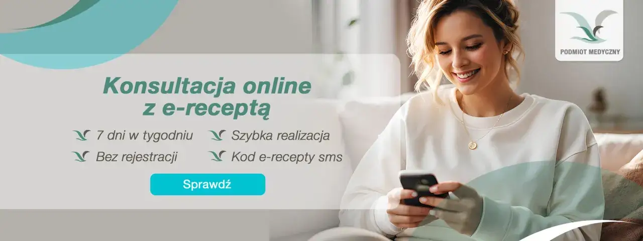 Uśmiechnięta kobieta korzysta z telefonu, a obok tekst o tym, ile ważna jest recepta i konsultacje online. Szybko i bez rejestracji.