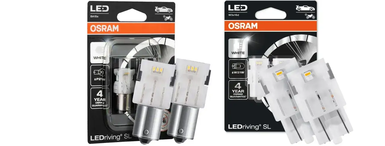 Żarówki LEDriving SL OSRAM, białe, 4 lata gwarancji. Jedna z nich to P21W, druga to w21W.