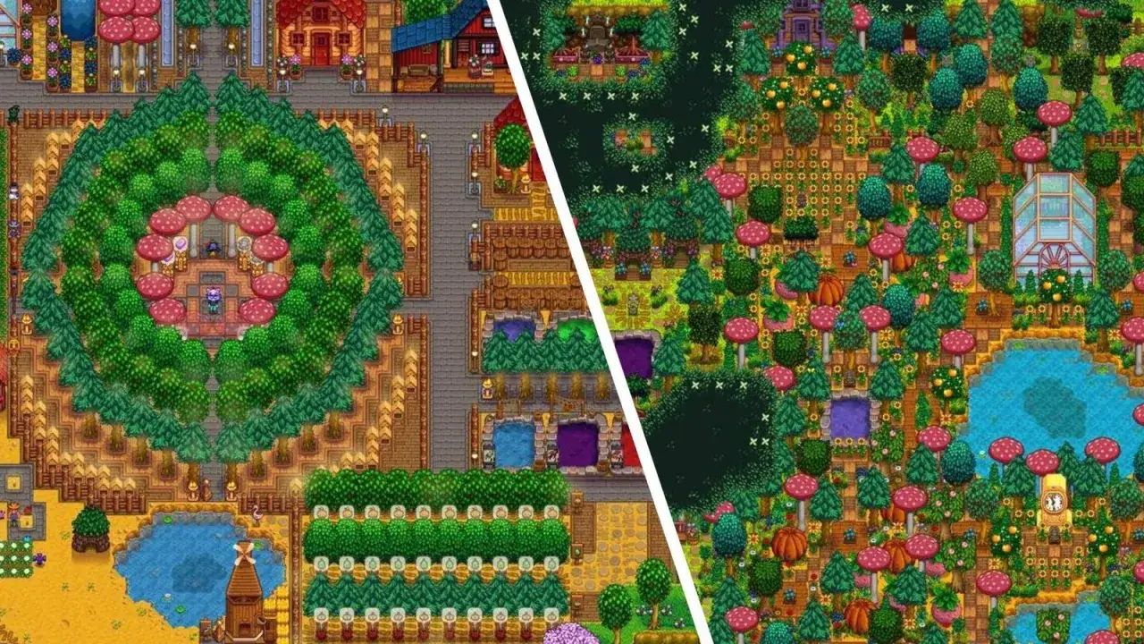 Dwie farmy w Stardew Valley: jedna uporządkowana, z grzybami i drzewami, druga dzika, pełna zieleni. Stardew Valley poradnik inspiruje do tworzenia!