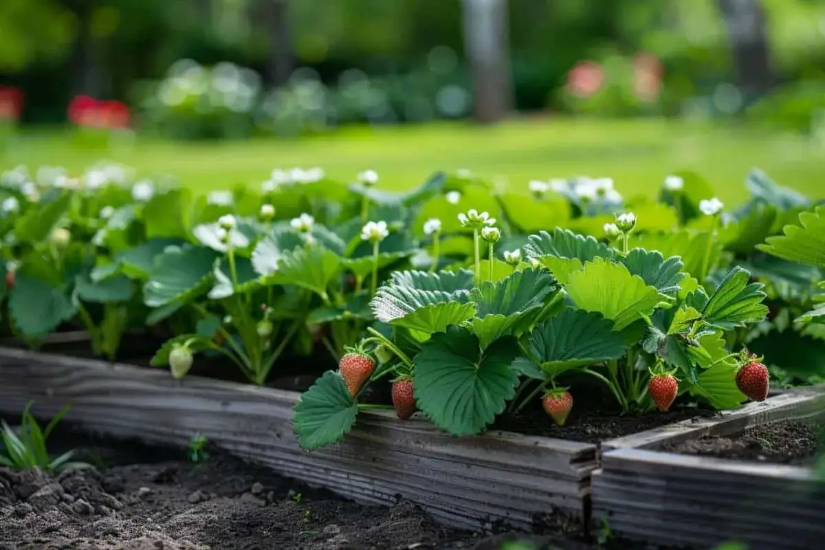 Des fraisiers en pleine croissance dans un potager, avec des fleurs blanches et des fruits rouges. Idéal pour savoir quand planter fraisier.