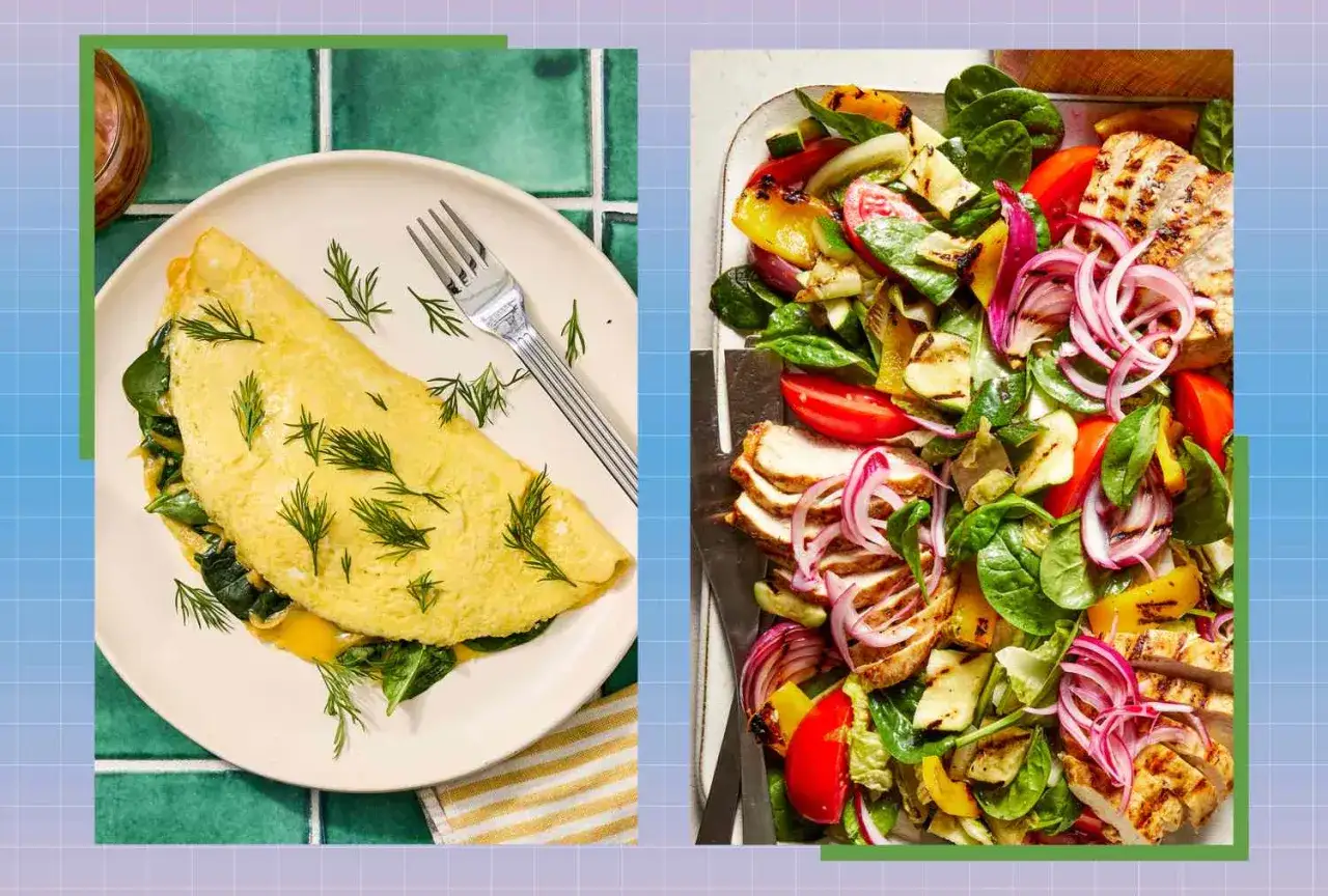 Omelette aux &eacute;pinards et salade de poulet grill&eacute;, parfaits pour le calcul prot&eacute;ine par jour femme.