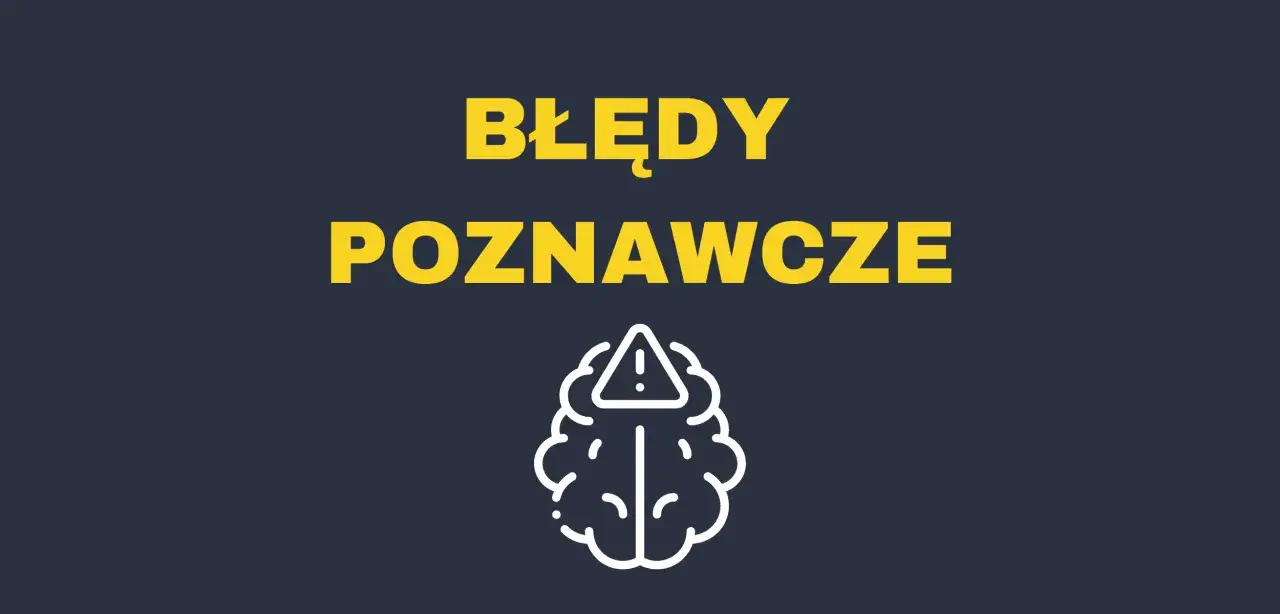 Błędy poznawcze przykłady: schemat mózgu z wykrzyknikiem ostrzega przed pułapkami myślenia.