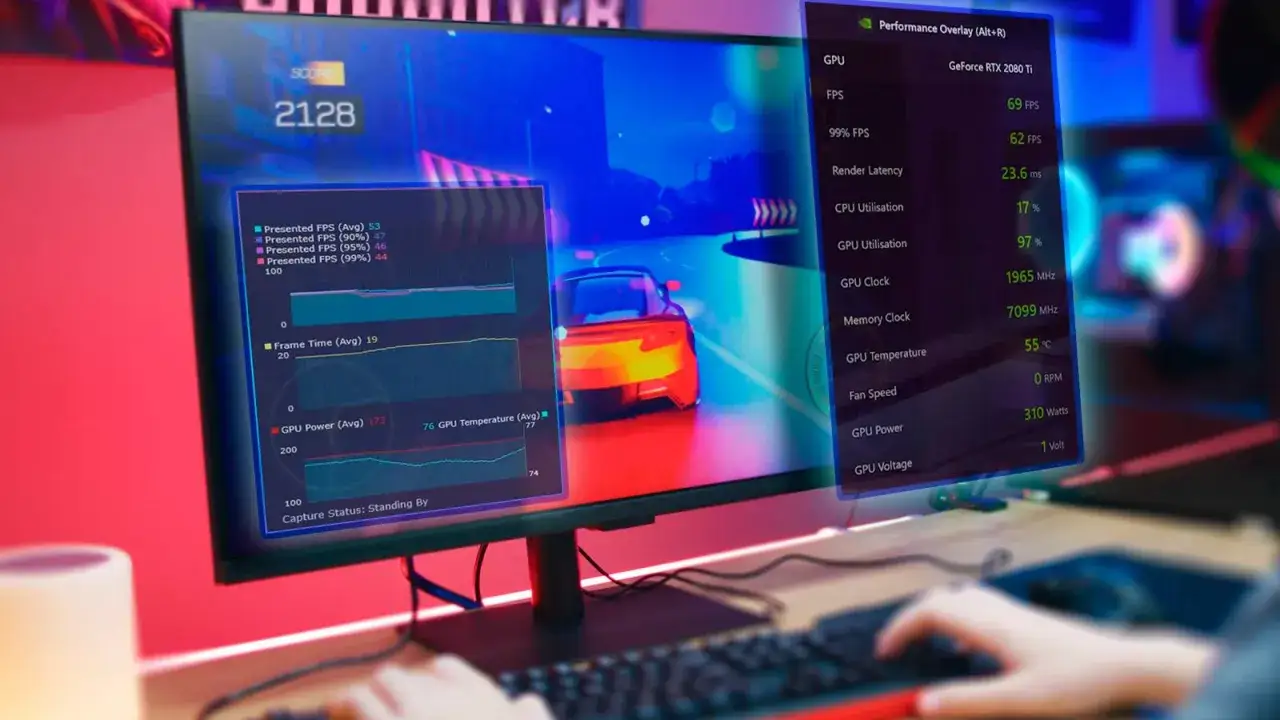 Gracz analizuje dane z gry, by dowiedzieć się, jak zminimalizować grę. Widoczne statystyki FPS, temperatury GPU i wykorzystania podzespoł&oacute;w.