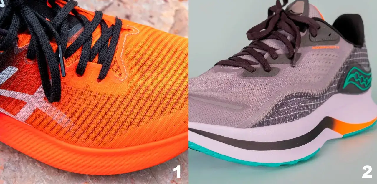Pomarańczowa cholewka w adidasach z czarnymi sznurówkami obok szarej, z ciemnymi sznurówkami.