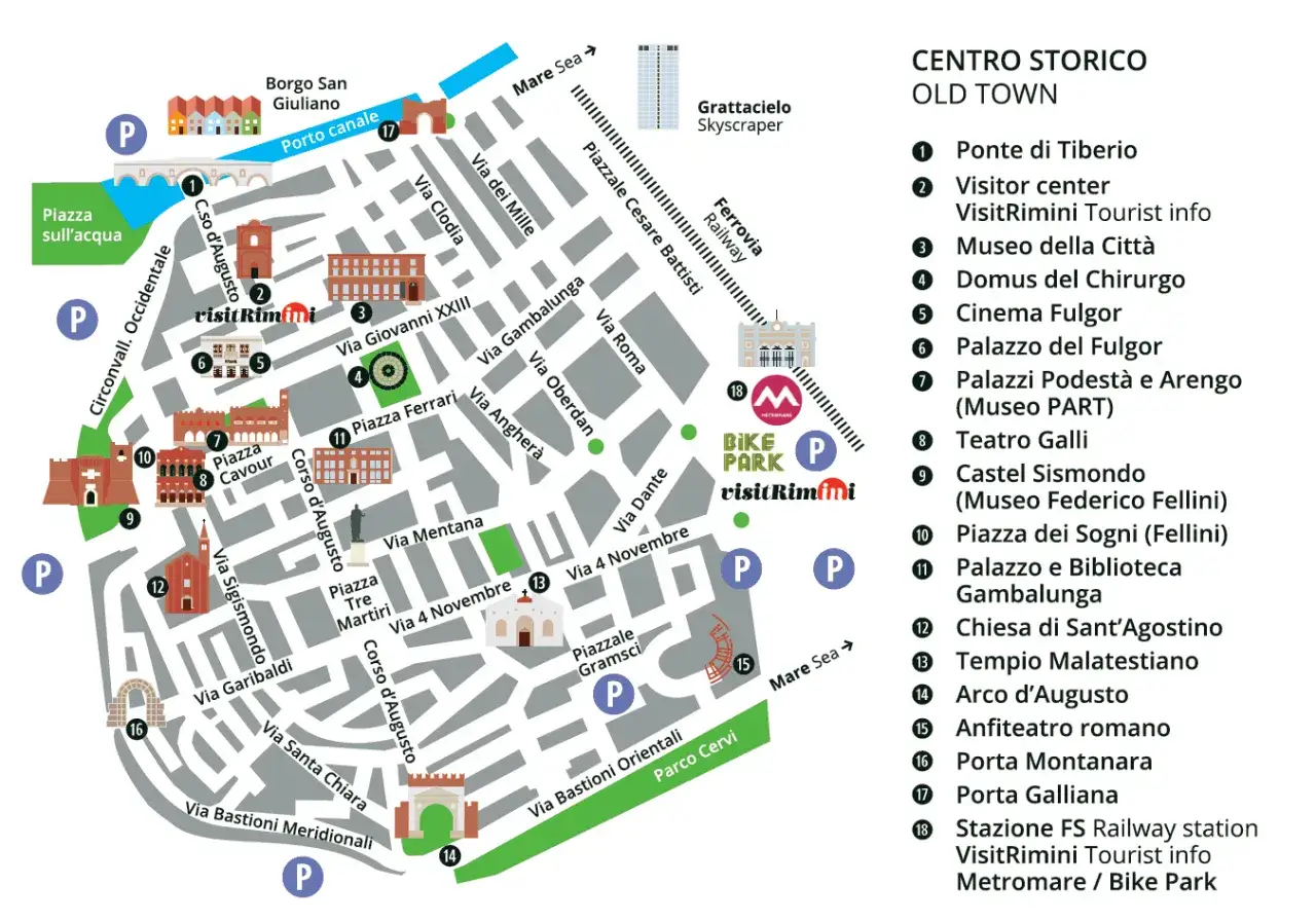 Mappa del centro storico di Rimini: scopri cosa vedere a Rimini in un giorno, tra monumenti, musei e il lungomare.