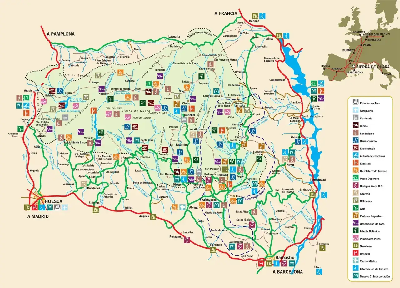 Carte de la Sierra de Guara : découvrez les sentiers, les via ferratas et les points d'intérêt de cette région montagneuse.