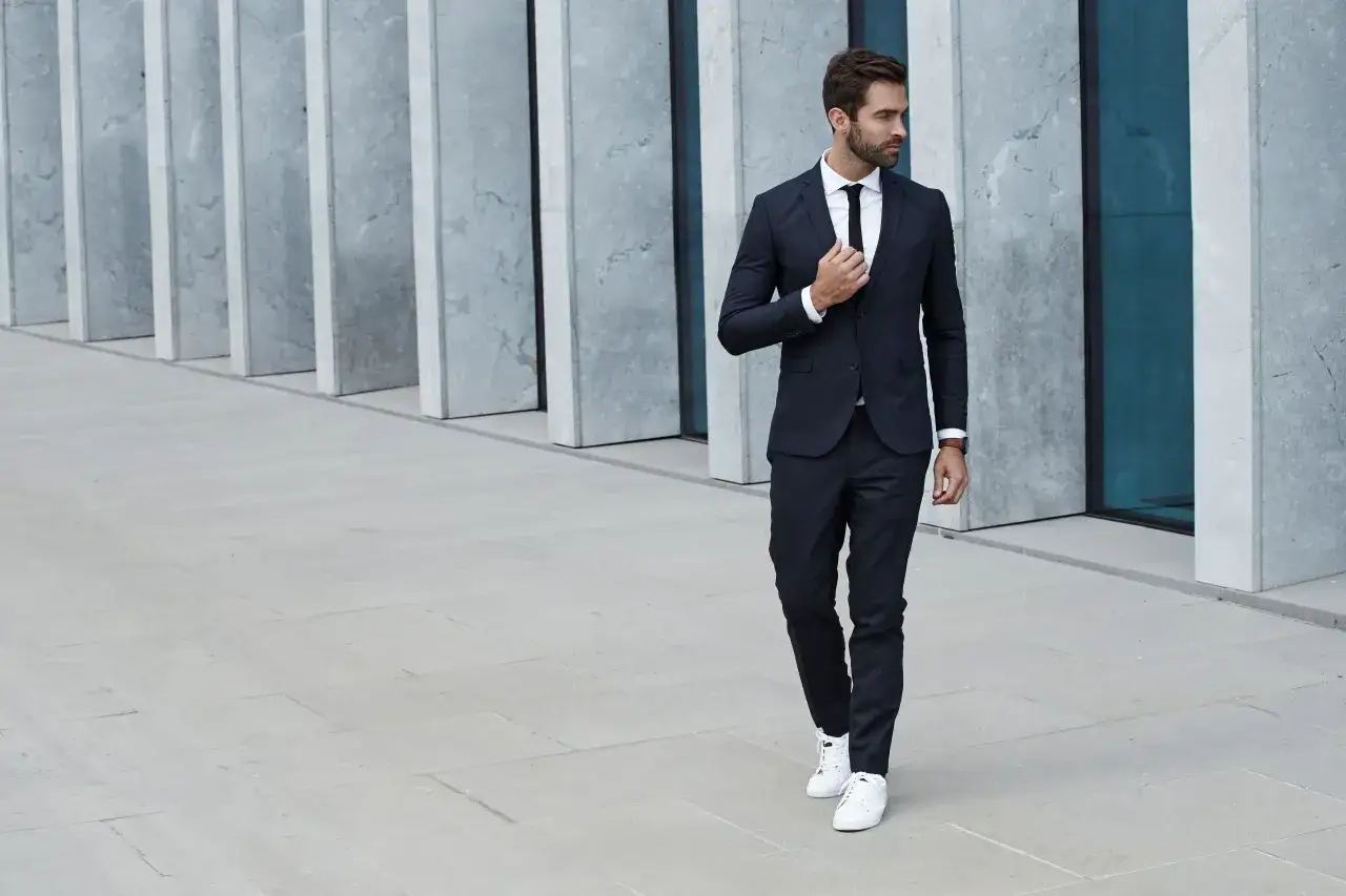 Herren Anzug mit wei&szlig;en Leder Sneakern minimalistisch