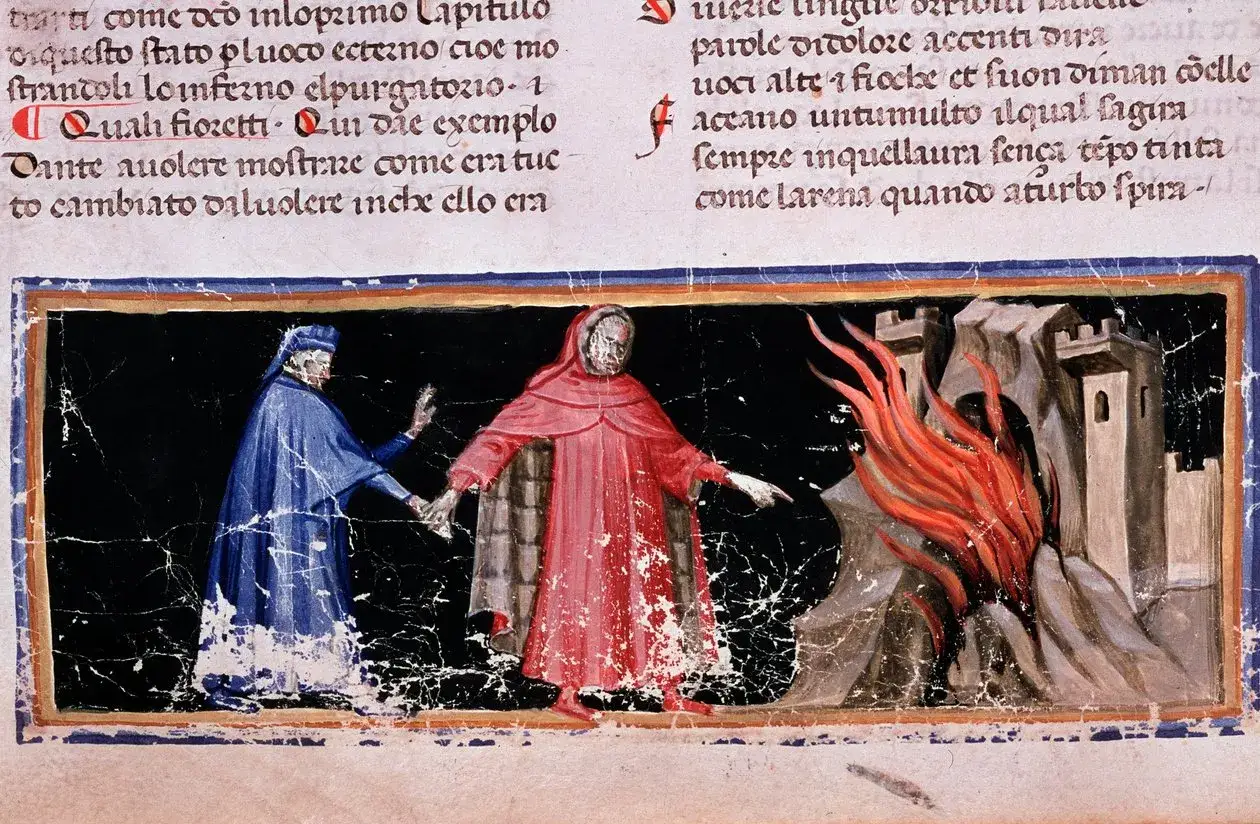 Dante e Virgilio entrano nell'Inferno, dove le fiamme e le rovine annunciano: 