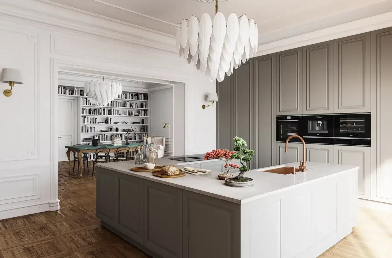 Elegante cucina stile parigino con isola centrale, elettrodomestici a scomparsa e un'ampia libreria sullo sfondo.
