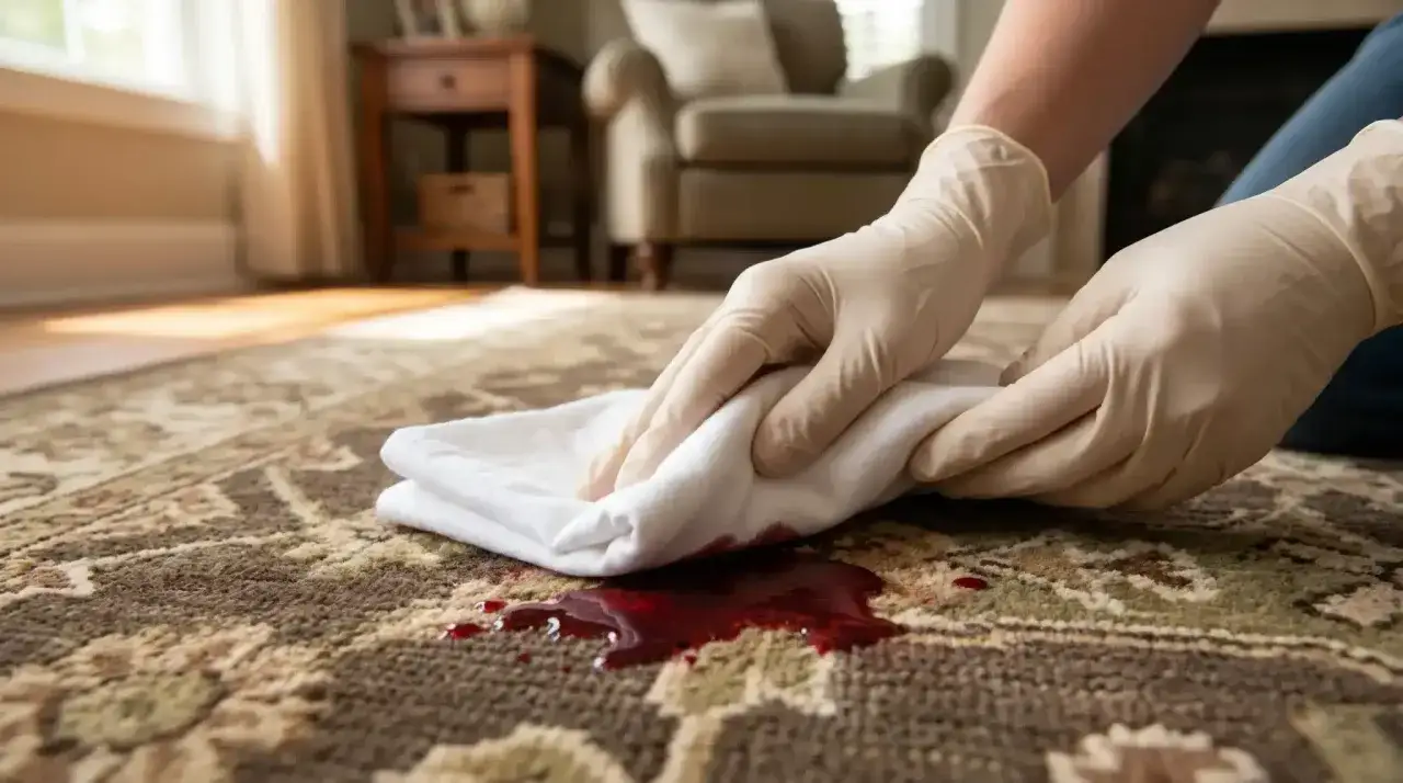 Gants et chiffon blanc pour comment laver un tapis de salon tach&eacute; de rouge.