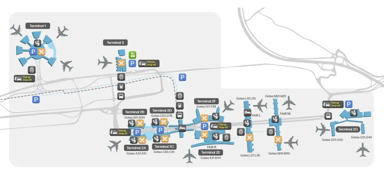 Mapa lotniska w Paryżu: Terminal 1, 2A, 2B, 2C, 2D, 2E, 2F, 2G, 3. Widać parkingi, punkty odbioru/wysiadki, bramki i samoloty.