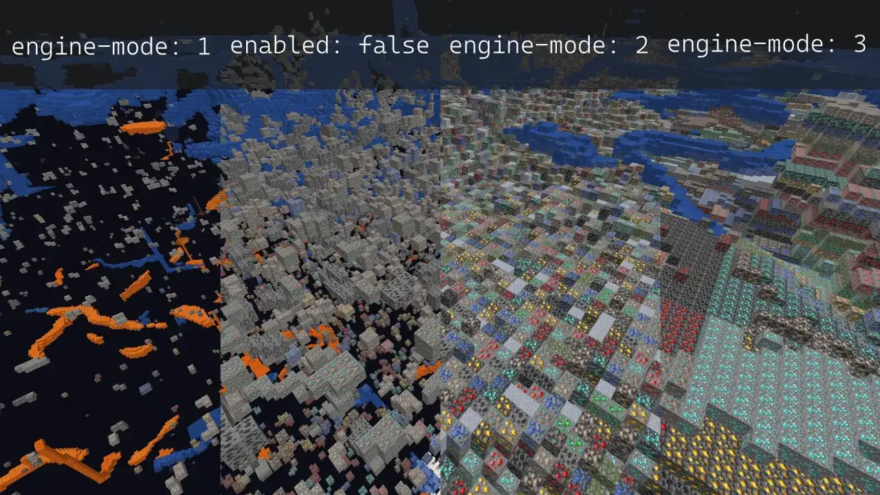 Widok z gry Minecraft. Po lewej ciemność z lawą i wodą, po prawej bogactwo minerałów. To efekt działania anti xray plugin.