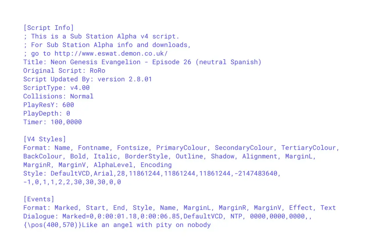 This is a Sub Station Alpha v4 script, a type of subtitle file. It details styling and dialogue for 