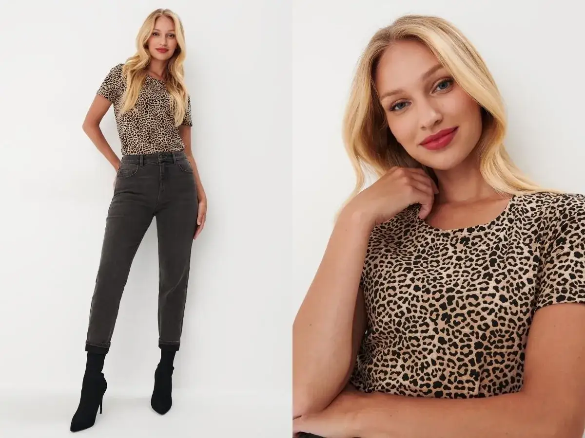 Blondynka w bluzce w panterkę i ciemnych jeansach. Taki wzór pasuje każdej kobiecie, która chce poczuć się drapieżnie i stylowo.