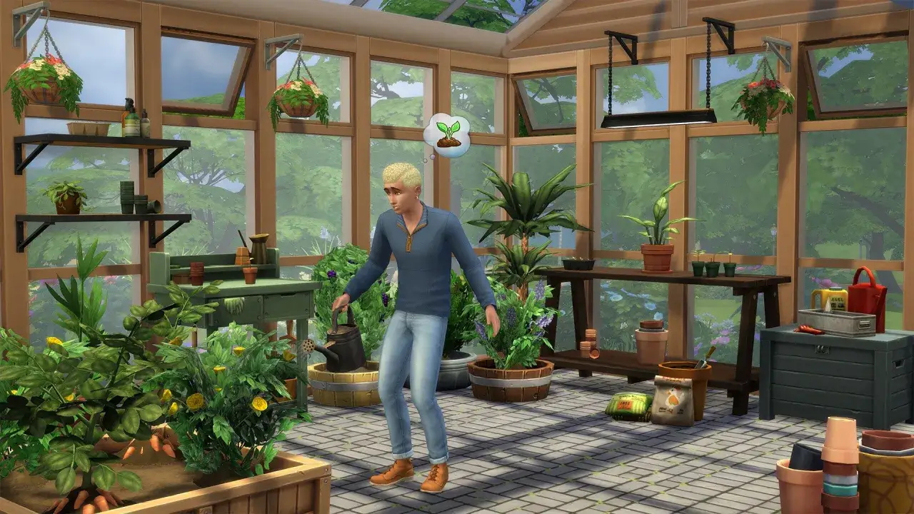 Sim w szklarni pielęgnuje swoje **The Sims 4 rośliny**. Wokół mnóstwo zieleni, narzędzi ogrodniczych i doniczek.