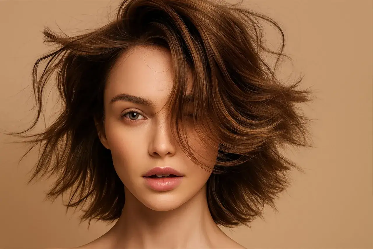 Une jeune femme aux cheveux châtains et fins, dont la chevelure bouge. Découvrez comment hydrater ses cheveux fins pour un volume naturel.