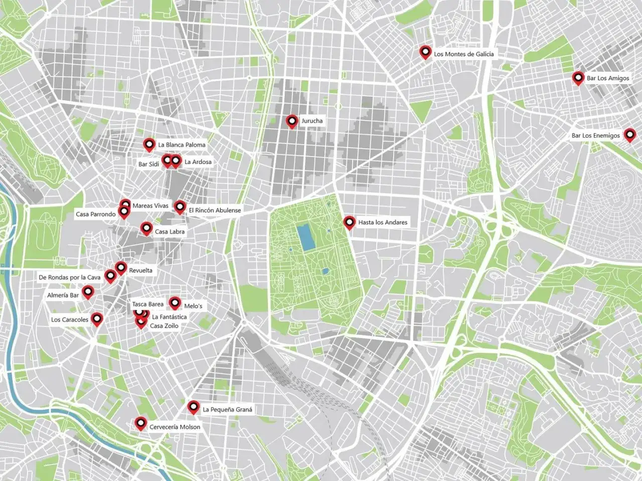 Mapa de Madrid con puntos rojos indicando lugares para comer. Descubre d&oacute;nde comer en Madrid con esta gu&iacute;a visual de bares y restaurantes.