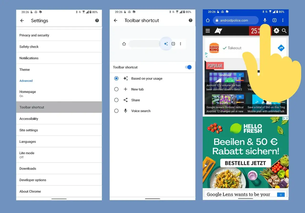 Configuration du raccourci Chrome Android : choix entre 