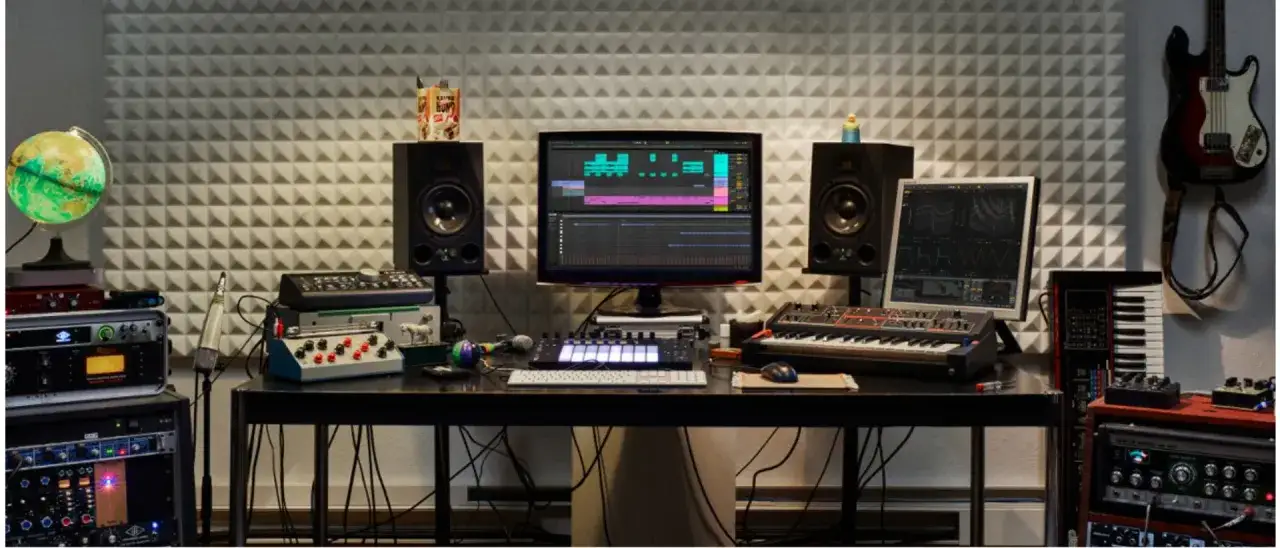 Stacja robocza do muzyki: monitory, syntezatory, kontrolery, mikrofon i gitara.