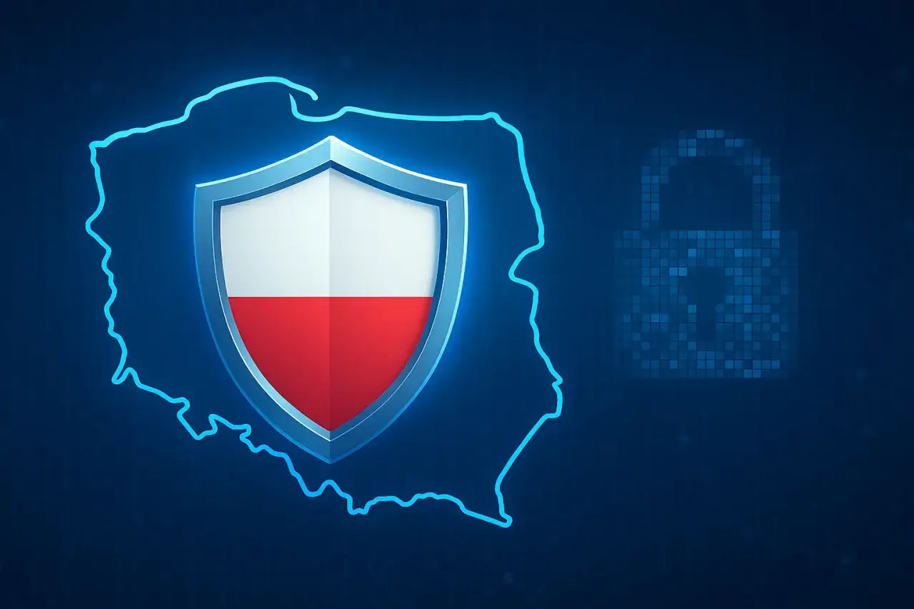 Tarcza z polską flagą na tle zarysu Polski i cyfrowej kłódki. Symbol bezpieczeństwa i ochrony danych w erze NIS2.
