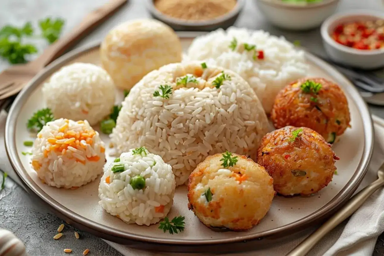 Assiette de riz en boules, certaines avec légumes, d'autres frites. Que faire si le riz est trop cuit ? Transformez-le en boulettes !