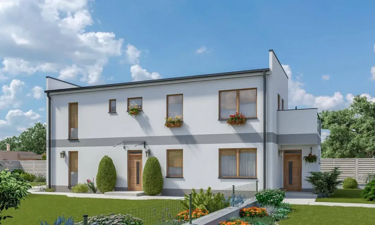 Une maison moderne divisée en 2 maisons mitoyennes, avec des fenêtres fleuries et un jardin verdoyant.