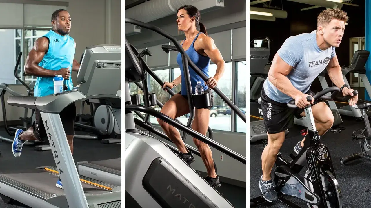 Man running on treadmill, woman on stair climber, man on stationary bike. Cardio choices: treadmill vs. stationary bike vs. stair climber.