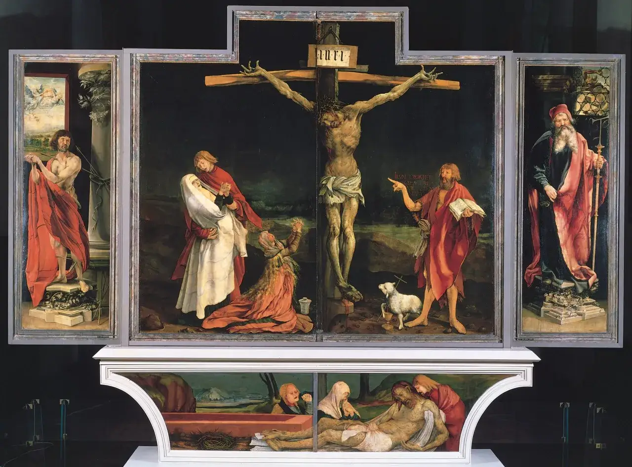 Kto stal pod krzyżem? Matka Boska, św. Jan i Maria Magdalena. Obok baranek.