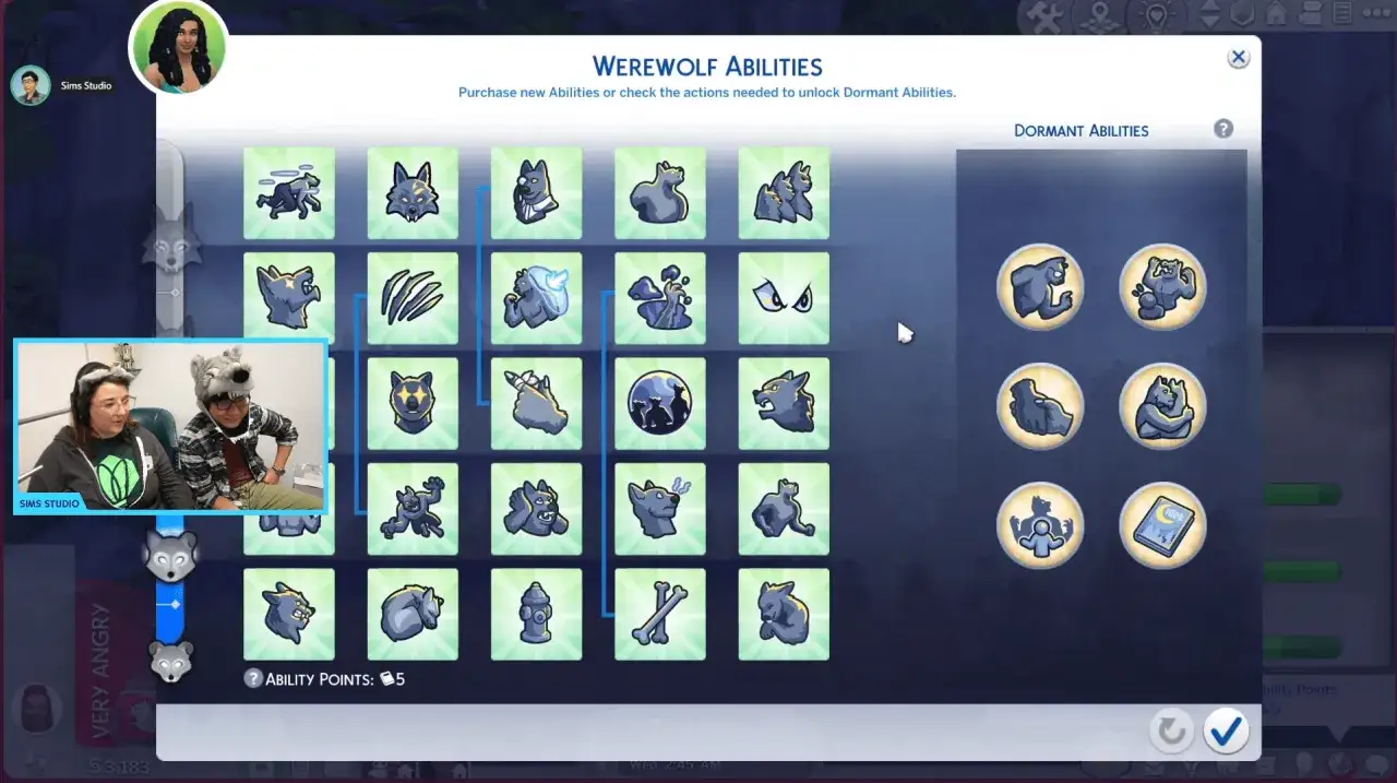 Panel umiejętności wilkołaka w The Sims 4, pokazujący dostępne moce i punkty.