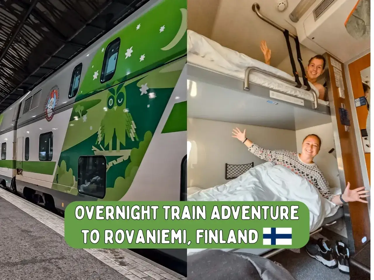 Ein Zugabenteuer in Finnland! Ein Nachtzug mit Eulenmotiv bringt Reisende nach Rovaniemi. Zwei Personen freuen sich in ihren Schlafkabinen.